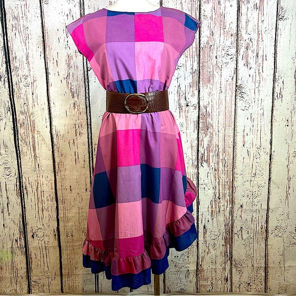 Vintage Dresses & Skirts - Vintage L’Entourage 1970s Asymmetrical Tiered Ruffle Madras Plaid Dress Size 12